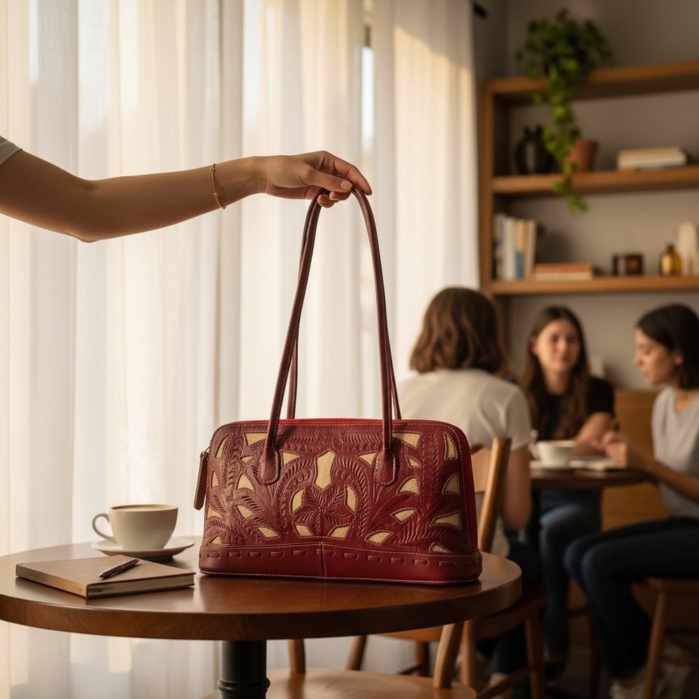 Western Look Tooled Floral Cutout Shoulder Bag Burgundy Boho Satchel‎ Handbag